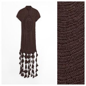 NWT. Zara Brown Semi-Sheer Openwork Pattern/Fringe Dress. Size L.